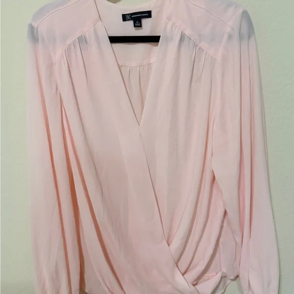 Blush Pink Wrap Blouse | Long Sleeve Draped V-Neck Top | Elegant Chiffon Style - Picture 3 of 11